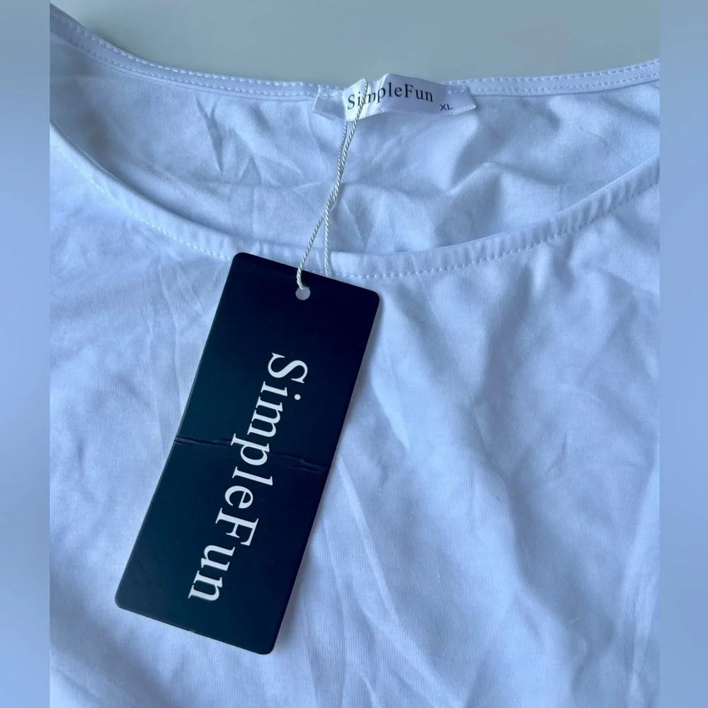 NWT Simple Fun Bright White Puff Sleeve Button Detail T-Shirt Casual Blouse XL - Picture 2 of 6